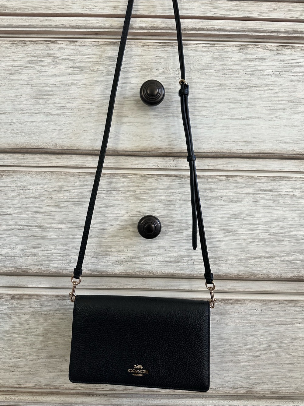 Coach Black Pebbled Leather Crossbody Wallet with Gold Logo - Picture 16 of 17